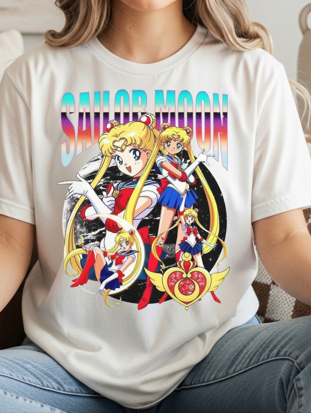 Gildan White Sailor Moon Multicolor Graphic Tee